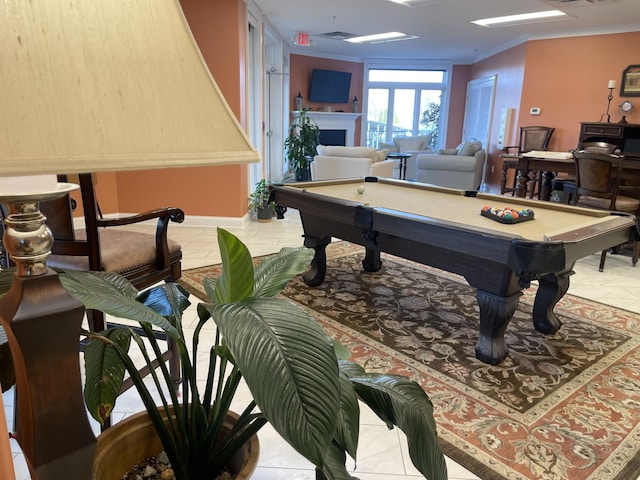 playroom featuring french doors, light tile patterned floors, and billiards