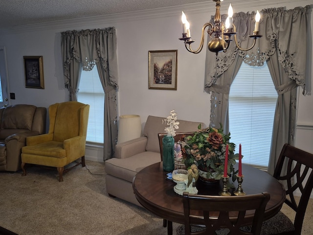 carpeted living room featuring crown molding, a textured ceiling, and an inviting chandelier