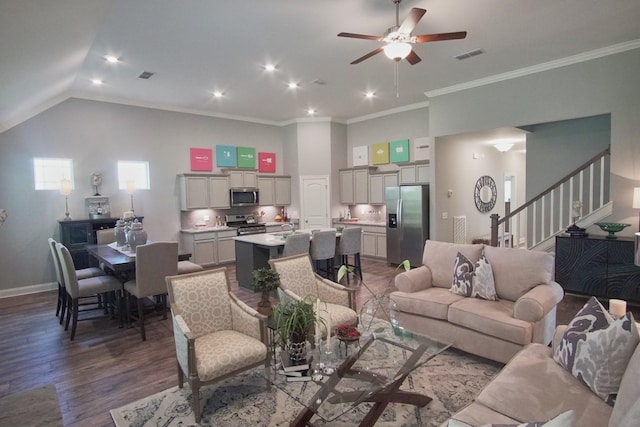 living room with crown molding, wood-type flooring, ceiling fan, and vaulted ceiling