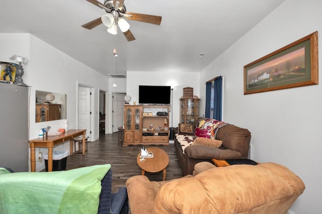 living room with dark hardwood / wood-style floors and ceiling fan