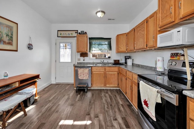 kitchen featuring appliances with stainless steel finishes, dark hardwood / wood-style flooring, and sink