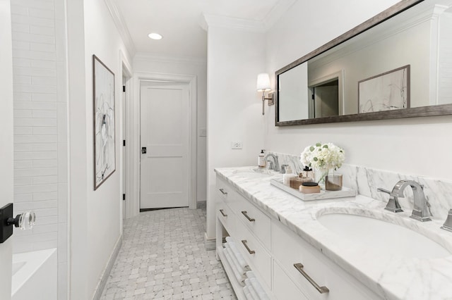 bathroom featuring shower / tub combination, vanity, and ornamental molding