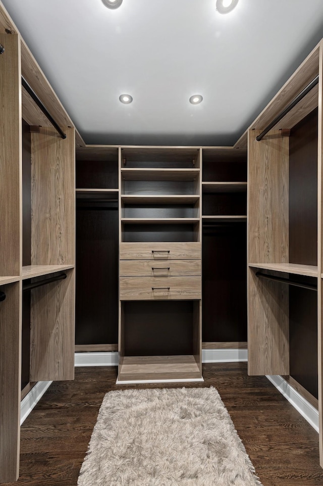 walk in closet with dark wood-type flooring