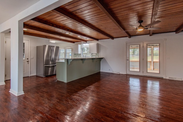 unfurnished living room featuring ceiling fan, dark wood-type flooring, sink, beam ceiling, and wooden ceiling