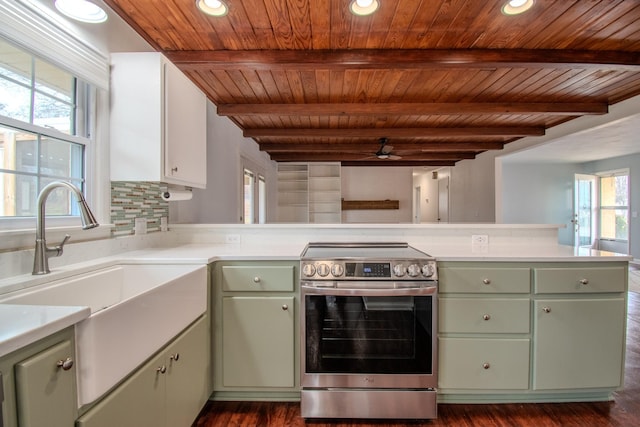 kitchen with electric range, dark hardwood / wood-style flooring, and beamed ceiling