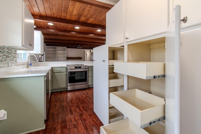 kitchen featuring backsplash, wood ceiling, sink, dark hardwood / wood-style floors, and stainless steel electric range oven