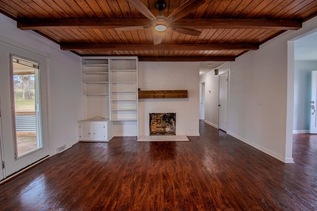 unfurnished living room with dark wood-type flooring, beamed ceiling, and wood ceiling