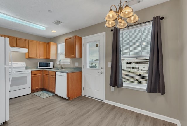 kitchen with pendant lighting, light hardwood / wood-style floors, white appliances, and a wealth of natural light