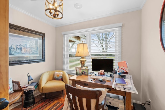 office space with a notable chandelier, crown molding, and dark wood-type flooring