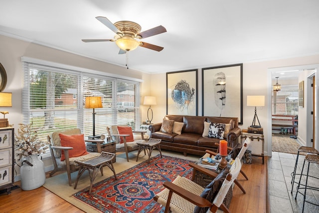 living room with light wood-type flooring, ceiling fan, and ornamental molding