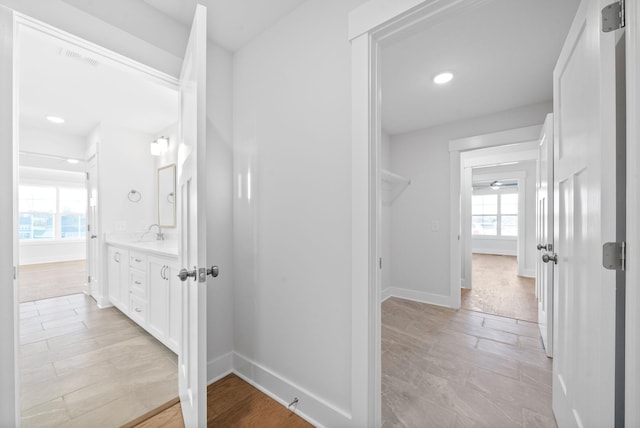 bathroom with vanity and hardwood / wood-style floors