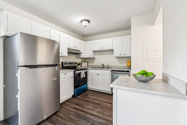 kitchen featuring stainless steel appliances, white cabinetry, dark hardwood / wood-style floors, and sink