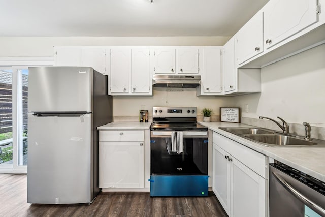 kitchen featuring white cabinets, dark hardwood / wood-style flooring, sink, and stainless steel appliances