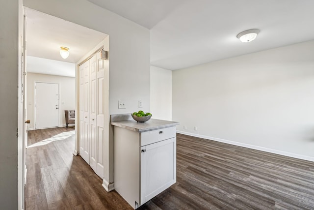 kitchen featuring white cabinetry and dark wood-type flooring