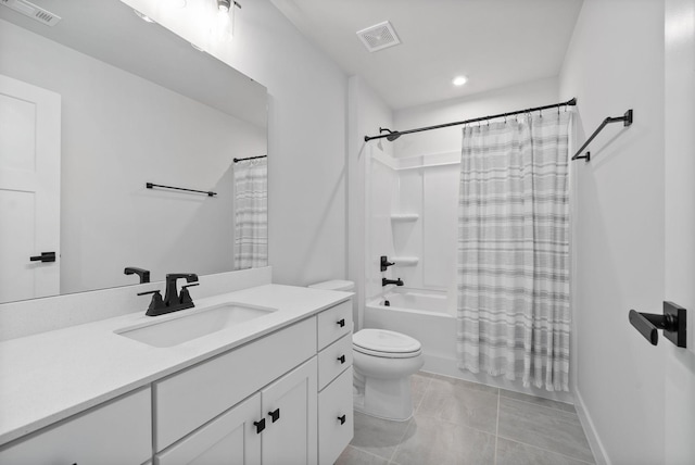 full bathroom featuring tile patterned flooring, vanity, shower / tub combo, and toilet