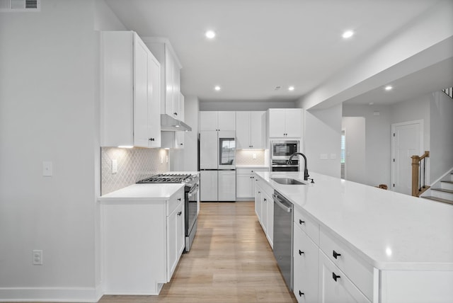 kitchen with white cabinetry, sink, backsplash, a large island with sink, and appliances with stainless steel finishes