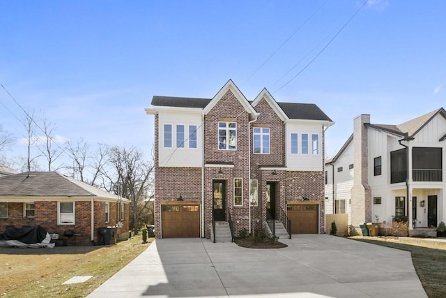 view of front of house featuring brick siding, driveway, and an attached garage