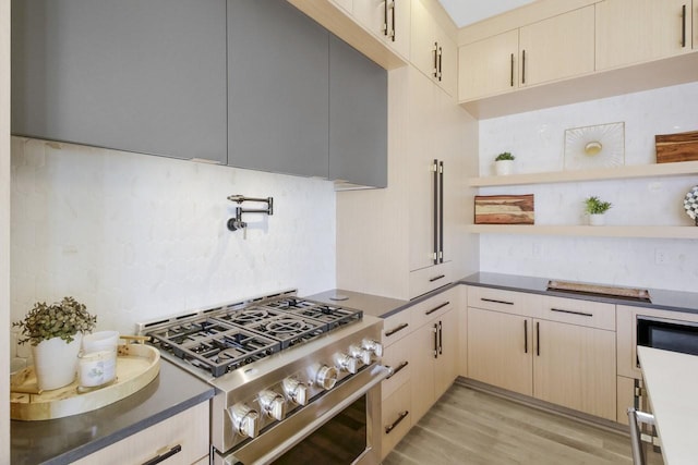 kitchen with backsplash, stainless steel range with gas cooktop, and light wood-type flooring