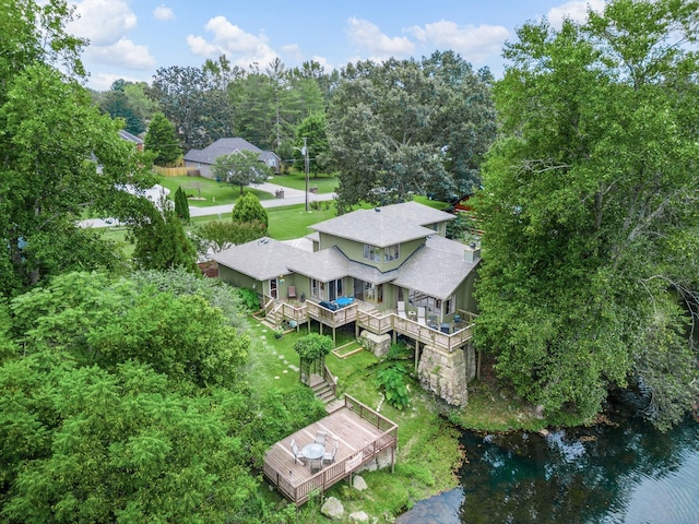 drone / aerial view featuring a water view