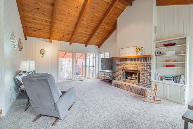 living room featuring wooden ceiling, wooden walls, a fireplace, beam ceiling, and light colored carpet