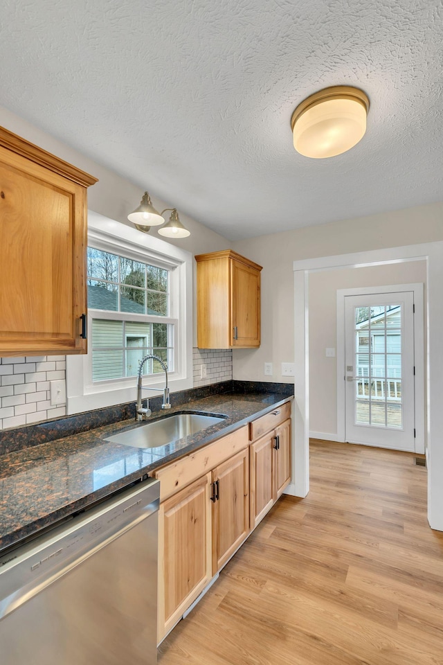 kitchen featuring tasteful backsplash, sink, stainless steel dishwasher, and light hardwood / wood-style flooring