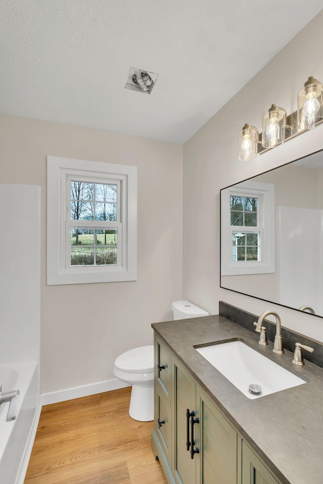 bathroom with wood-type flooring, vanity, a textured ceiling, and toilet