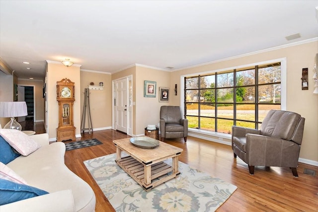 living room with wood-type flooring and ornamental molding