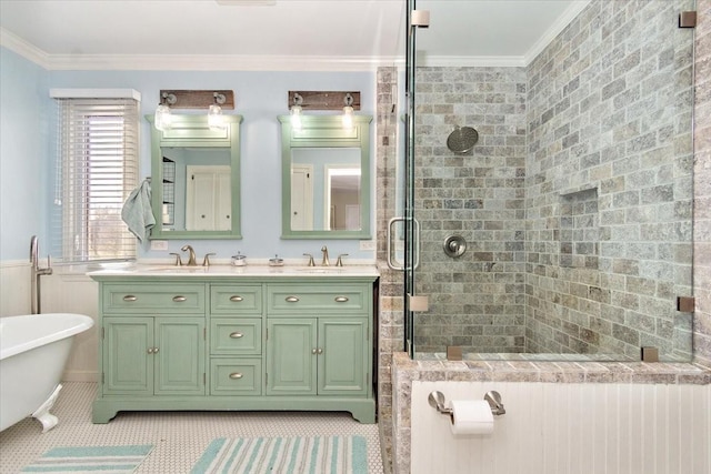 bathroom with plus walk in shower, vanity, crown molding, and tile patterned flooring