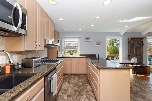 kitchen featuring sink, light brown cabinetry, plenty of natural light, and appliances with stainless steel finishes