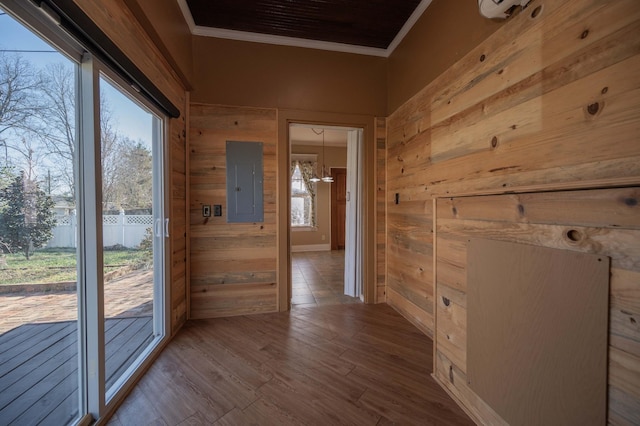 interior space featuring ornamental molding, wooden walls, electric panel, and a wealth of natural light