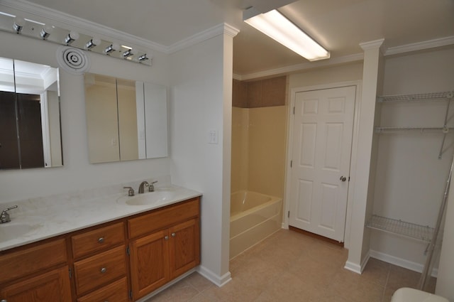 bathroom featuring vanity, shower with separate bathtub, and ornamental molding