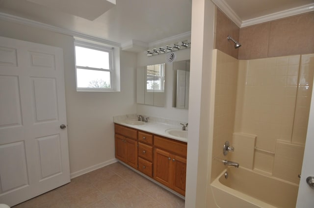 bathroom featuring crown molding, tile patterned floors, shower / bathing tub combination, and vanity