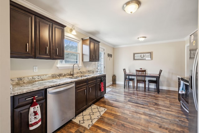 kitchen featuring stainless steel dishwasher, crown molding, dark brown cabinetry, and sink