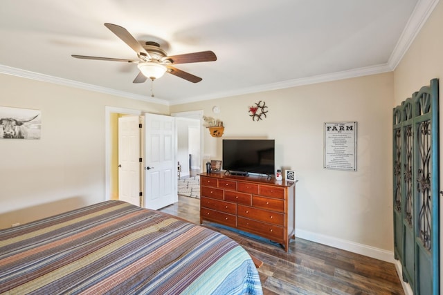 bedroom with ceiling fan, dark hardwood / wood-style floors, and ornamental molding