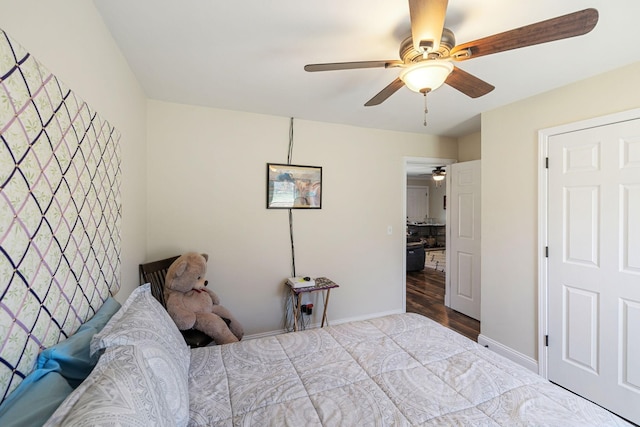 bedroom featuring wood-type flooring and ceiling fan