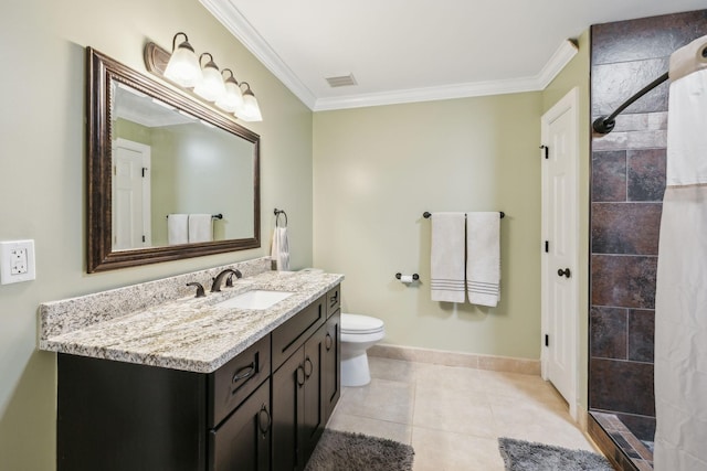 bathroom featuring a shower with shower curtain, tile patterned floors, ornamental molding, vanity, and toilet