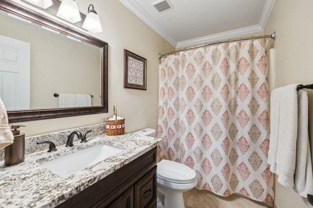 bathroom with a shower with curtain, toilet, vanity, and ornamental molding