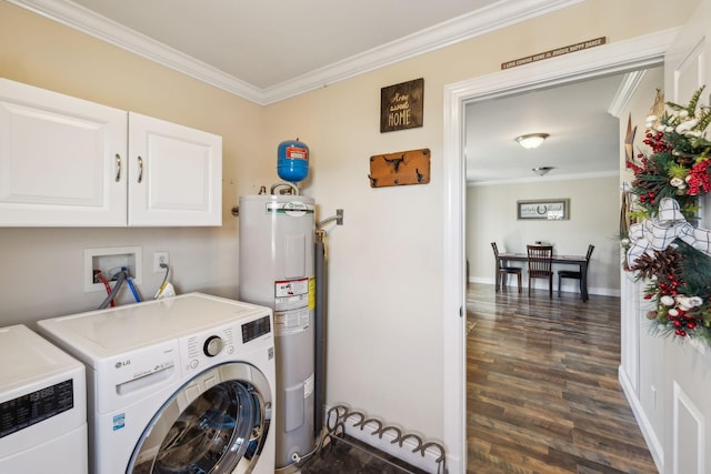 laundry room featuring cabinets, ornamental molding, dark wood-type flooring, water heater, and separate washer and dryer