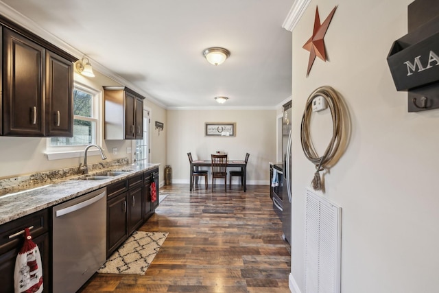 kitchen with dishwasher, sink, crown molding, dark hardwood / wood-style flooring, and dark brown cabinetry