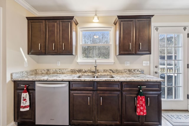 kitchen with dishwasher, dark brown cabinets, ornamental molding, and sink