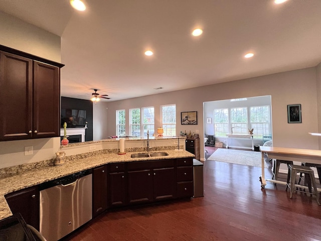 kitchen featuring dishwasher, a healthy amount of sunlight, dark hardwood / wood-style flooring, and sink