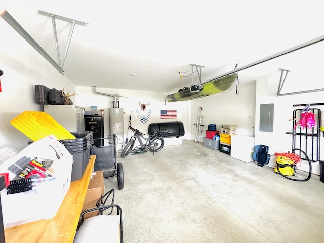 garage with electric panel, water heater, and a garage door opener