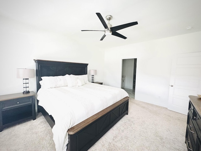 bedroom featuring ceiling fan and light colored carpet