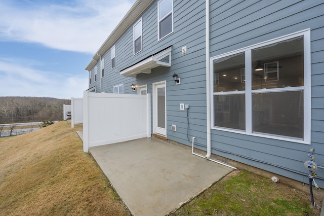 view of home's exterior with a patio area and a lawn