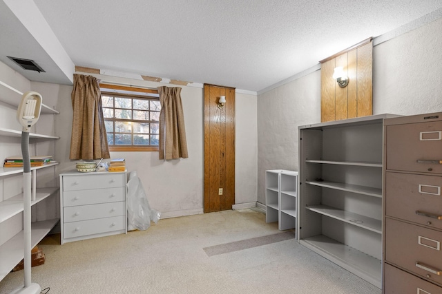 interior space featuring a textured ceiling, ornamental molding, and light carpet