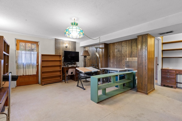 interior space with carpet, a textured ceiling, and wooden walls