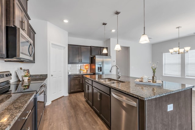 kitchen with appliances with stainless steel finishes, a center island with sink, pendant lighting, and sink