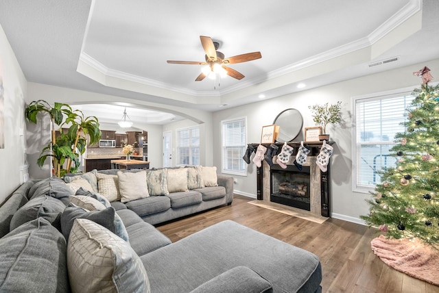 living room with wood-type flooring, a tray ceiling, plenty of natural light, and ceiling fan