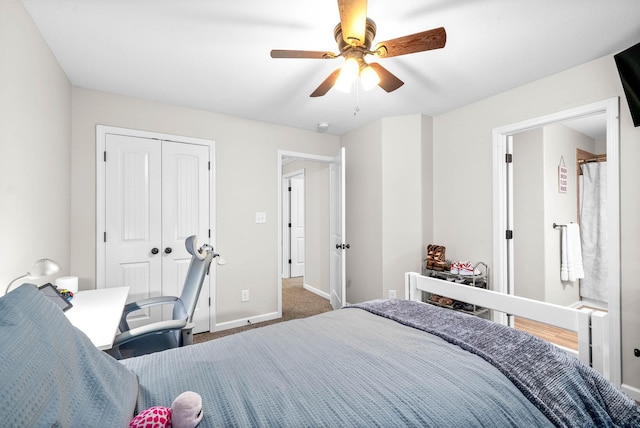 bedroom featuring carpet floors, a closet, and ceiling fan