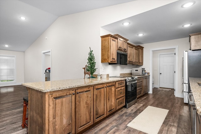 kitchen featuring light stone countertops, lofted ceiling, stainless steel appliances, and dark wood-type flooring